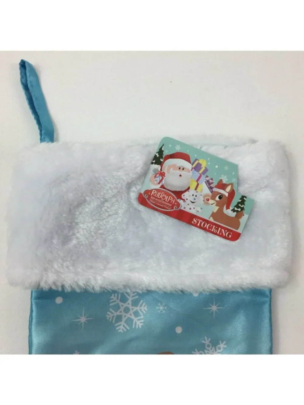 Rudolph The Red-Nosed Reindeer Christmas Stocking Blue Satin & White Plush 15